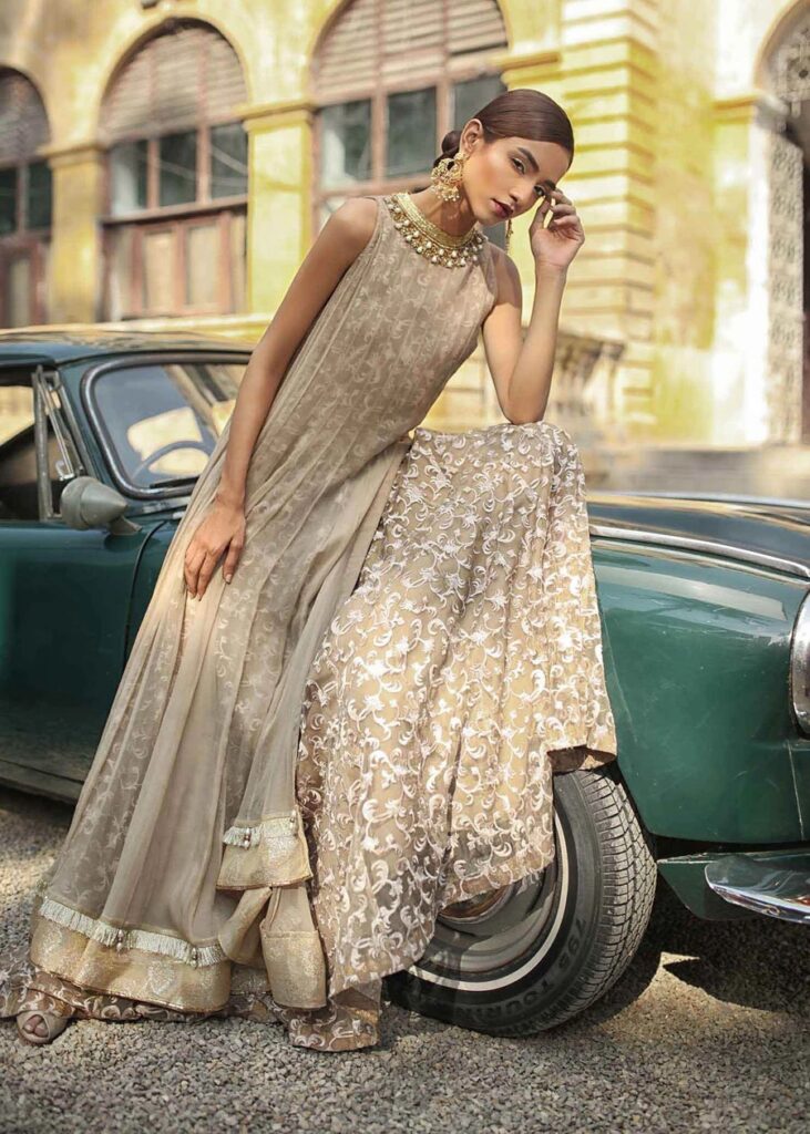 Double Layered Pure Chiffon Gown with Pure Jamavar Straight Pants