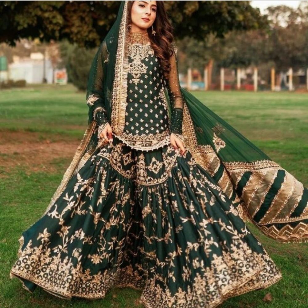 Dark Green Bridal Gharara on Pure Rawsilk