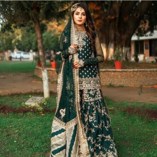 Dark Green Bridal Gharara on Pure Rawsilk - Image 5