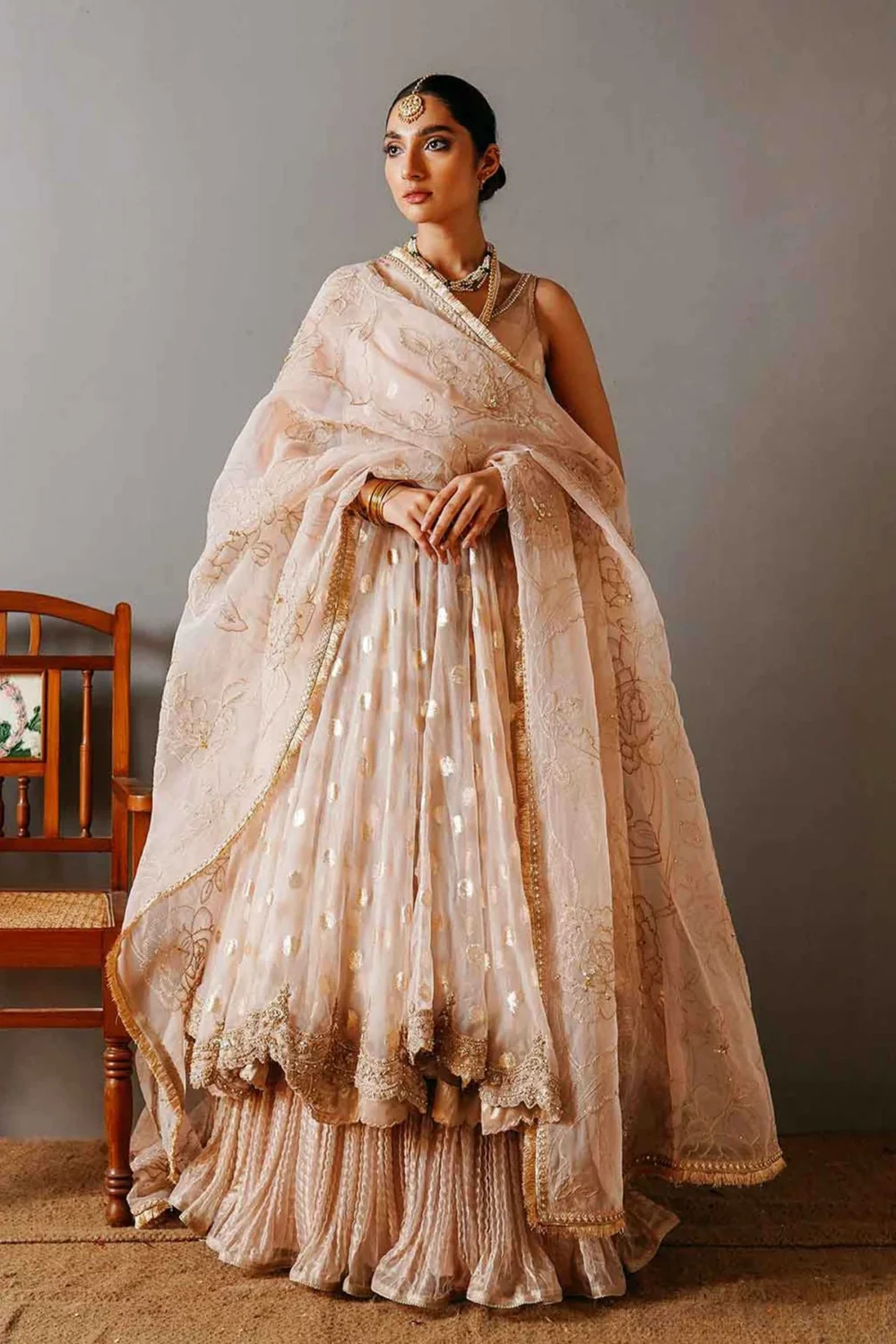 Coral Pink Organza Bridal Wear Gotta Embroidered Dupatta