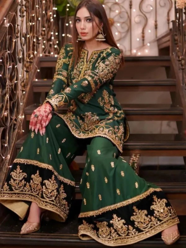 Bottle Green Raw Silk Sharara Dress for Mehndi