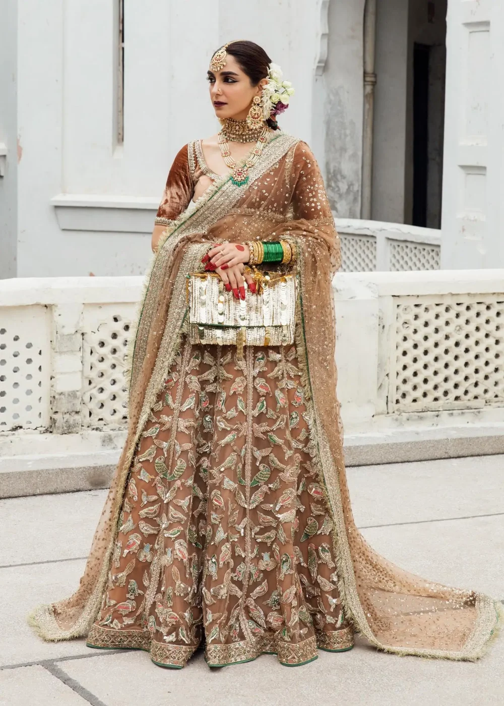 Radiant Beige Gold Net Lehenga