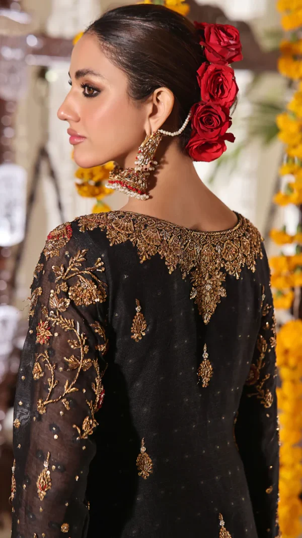 Black Net & Gold Dabka Elegance Embroidered Shirt, Jamwar Hijar
