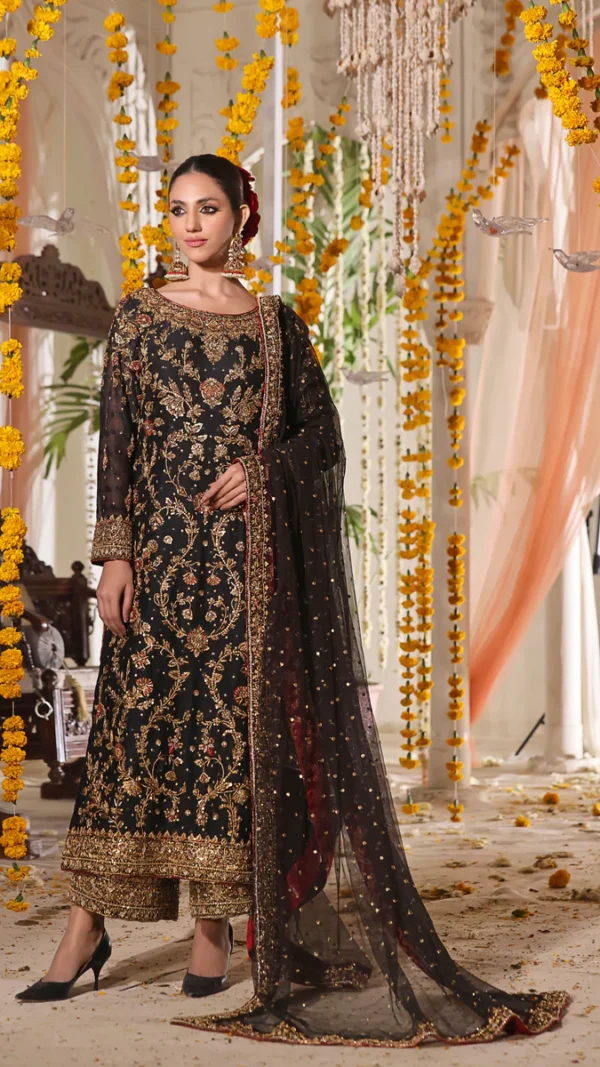 Black Net & Gold Dabka Elegance Embroidered Shirt, Jamwar Hijar