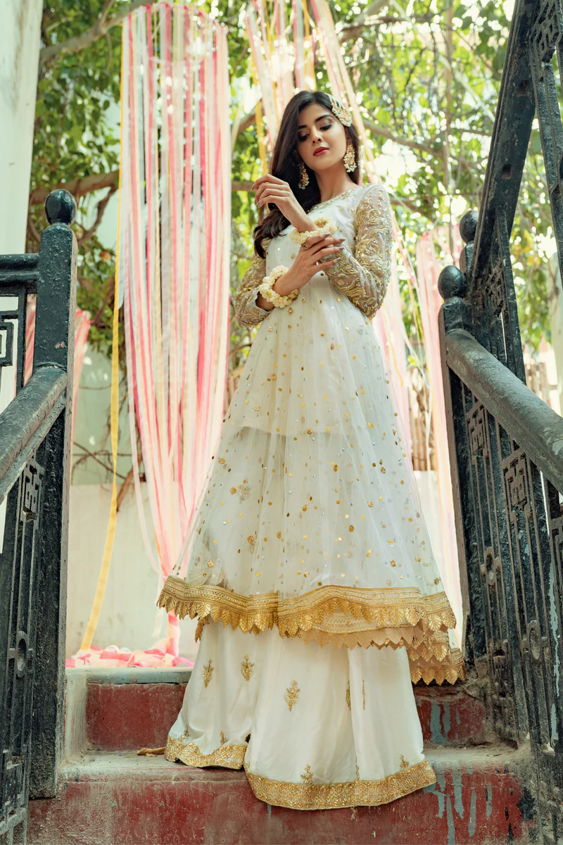 White Gota & Mukesh Kalidar with Rawsilk Plazo Pants