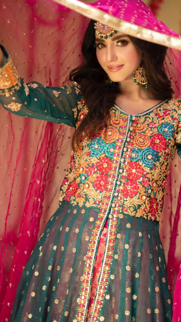 Resham & Mirror Work Kalidar with Hot Pink Dupatta