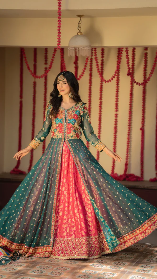 Resham & Mirror Work Kalidar with Hot Pink Dupatta