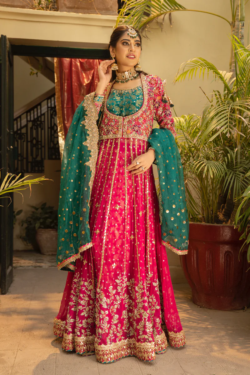 Hot Pink Embroidered Rawsilk Kalidar Pishwas