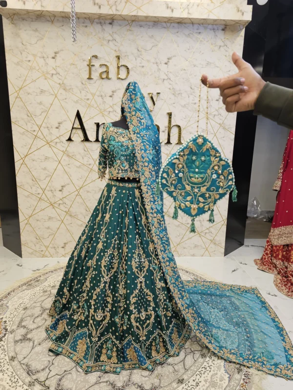 Hand-Embroidered Green Silk Lehenga