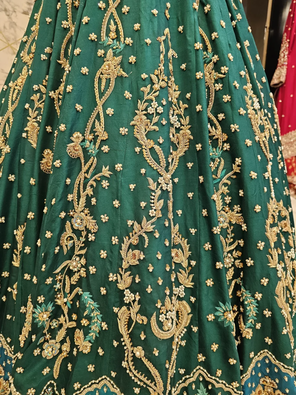 Hand-Embroidered Green Silk Lehenga