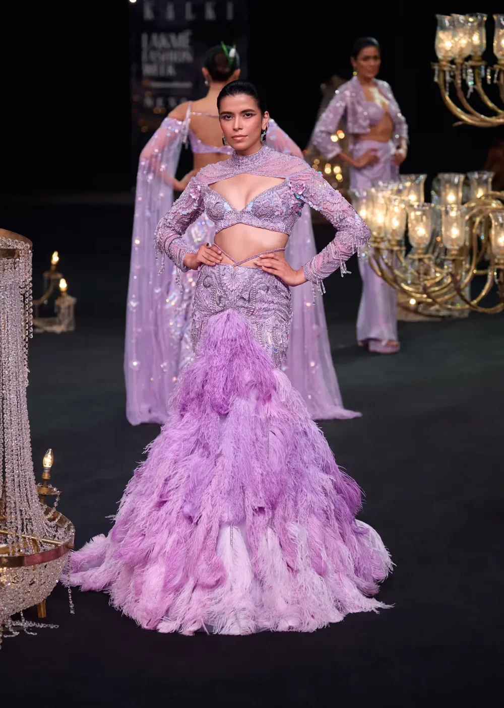 Lavender Lehenga Cascading Crystal Feathers