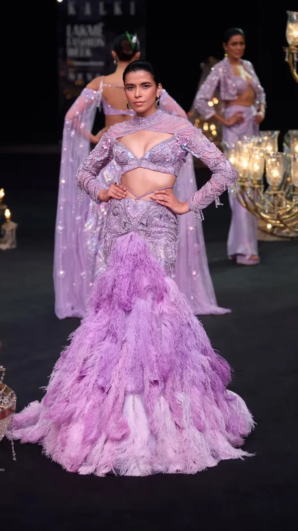 Lavender Lehenga Cascading Crystal Feathers