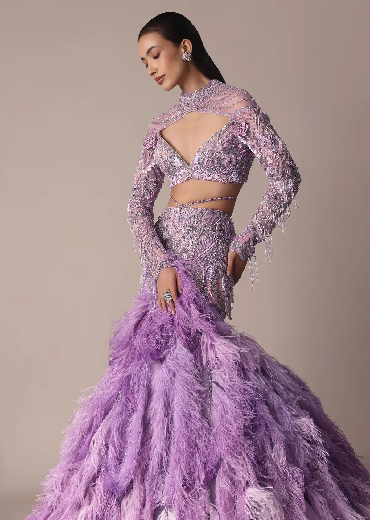 Lavender Lehenga Cascading Crystal Feathers