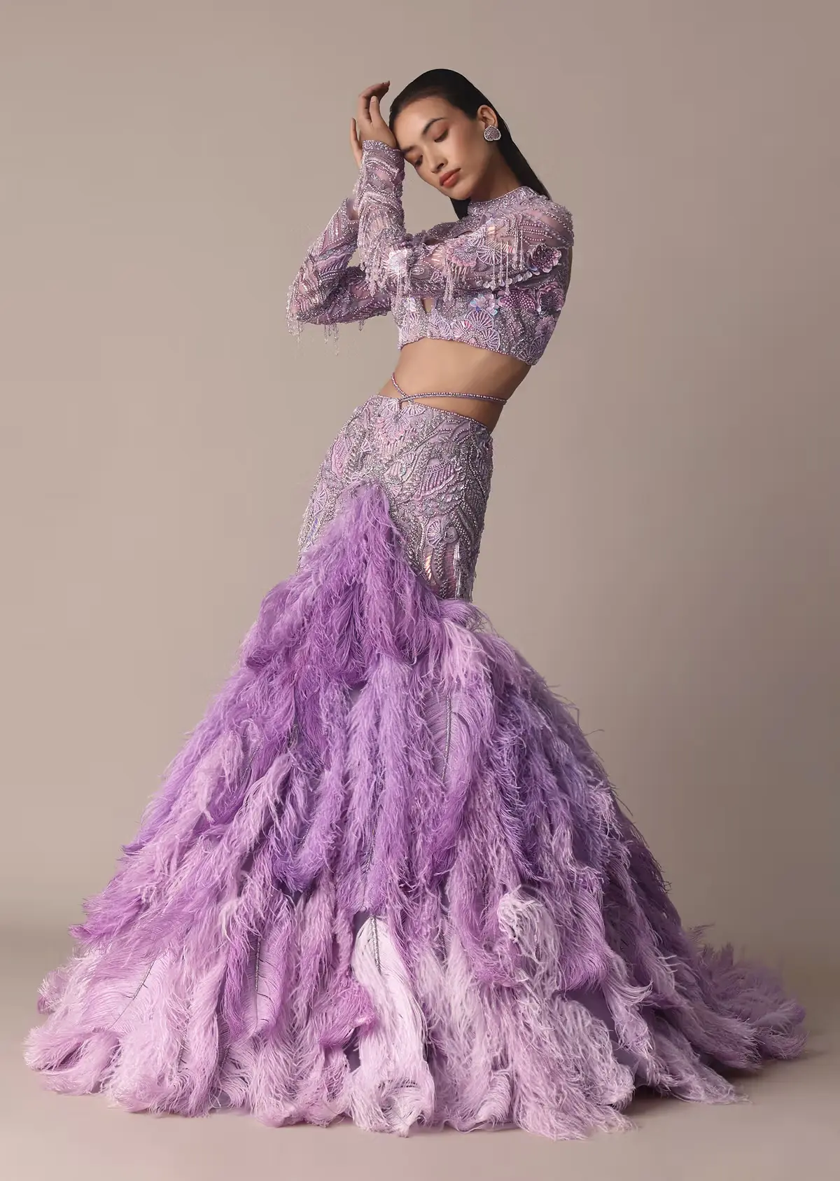 Lavender Lehenga Cascading Crystal Feathers