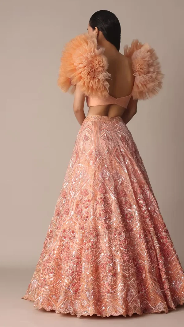 Peach Organza Embroidered Lehenga Set