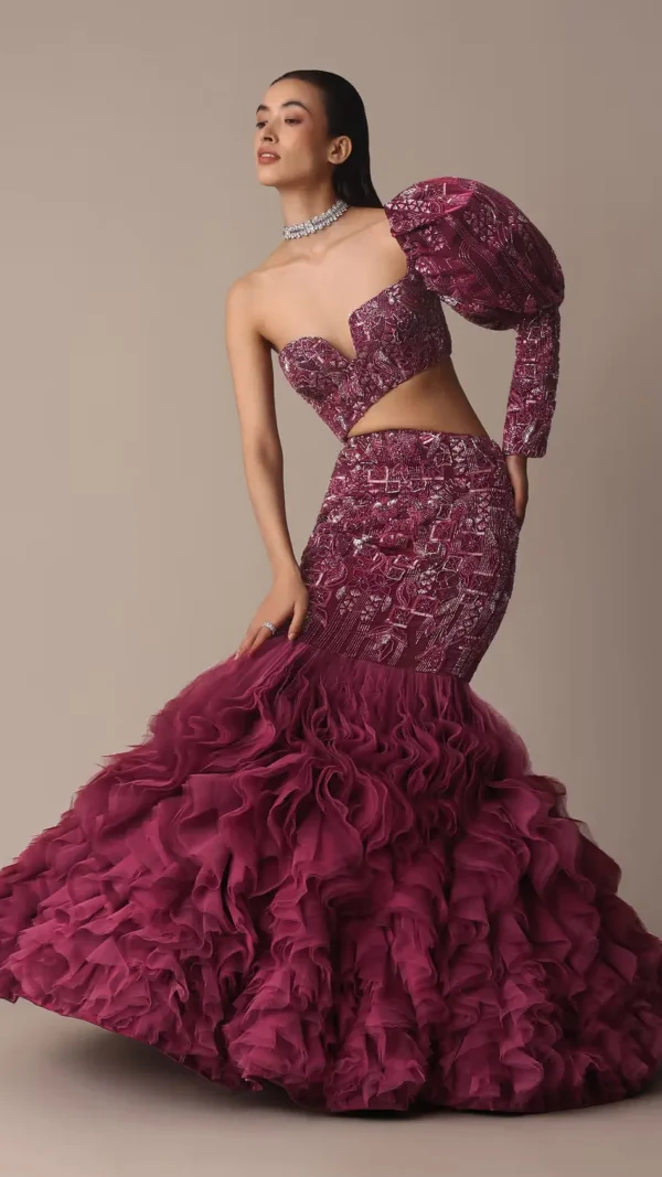Embroidered Fishtail Gown with Cascading Organza
