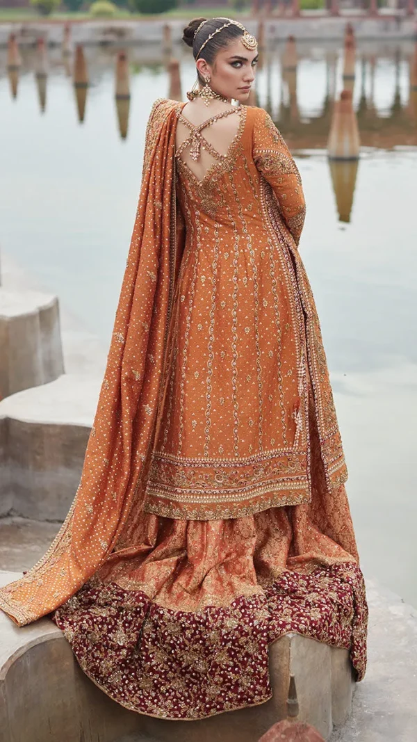 Burnt Orange Zari Net Bridal Lehenga Set