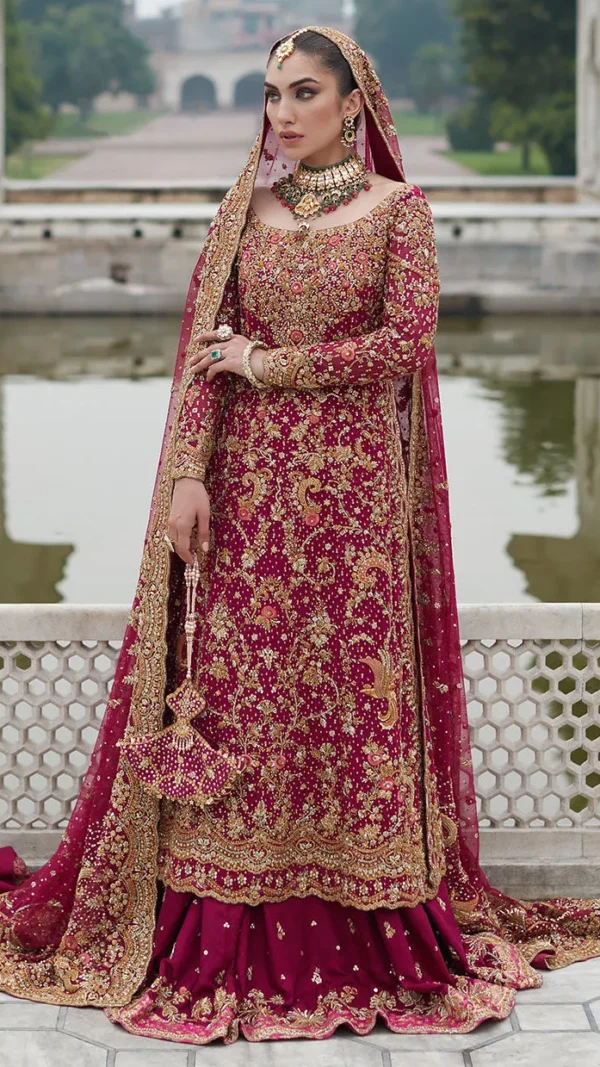 Deep Berry Pink Jamawar Bridal Lehenga Set