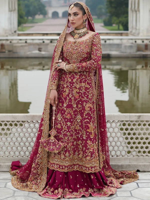 Deep Berry Pink Jamawar Bridal Lehenga Set