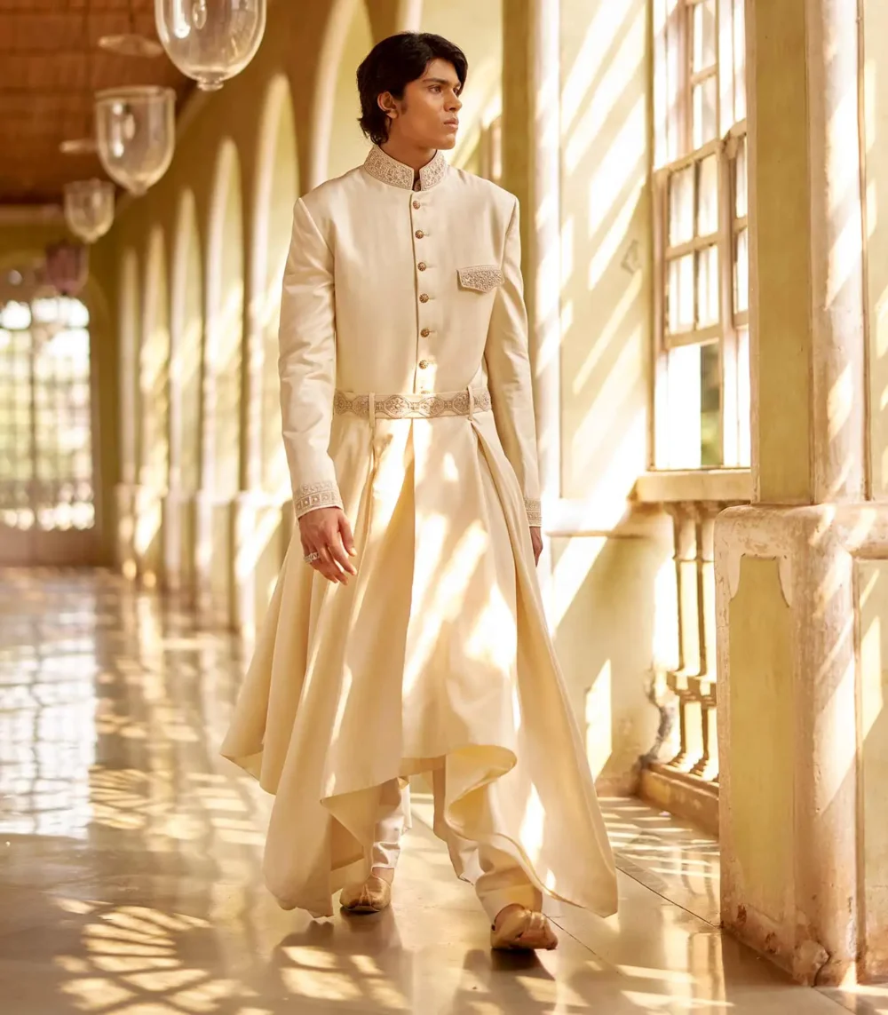 Ivory Embroidered Asymmetric Long Sherwani