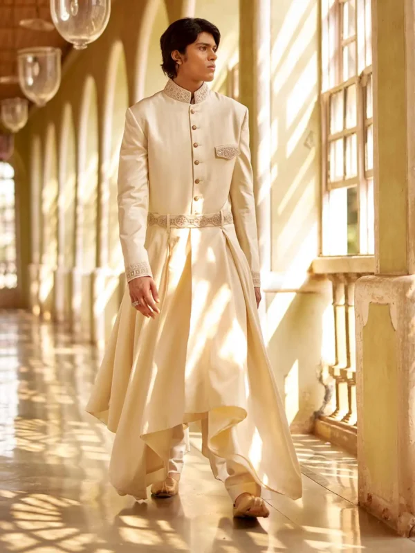 Ivory Embroidered Asymmetric Long Sherwani