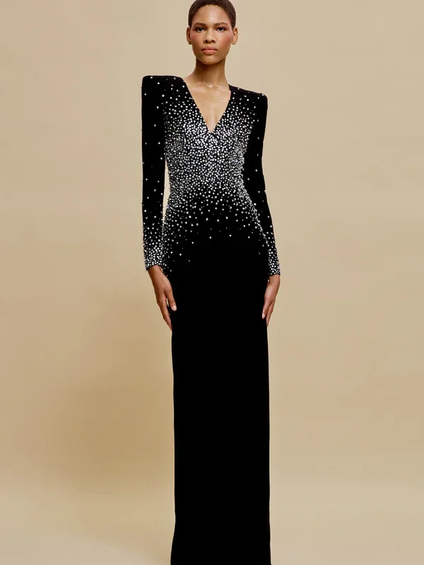 PEARL EMBELLISHED V-NECK LONG SLEEVE COLUMN GOWN