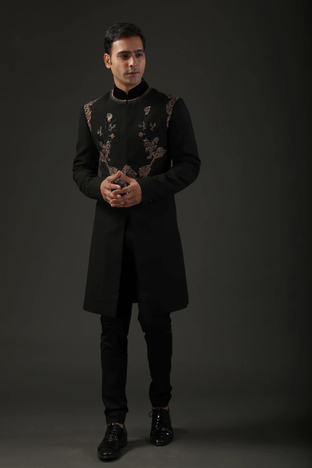 Elegant Men's Black Matka Silk Sherwani with Zari Embroidery