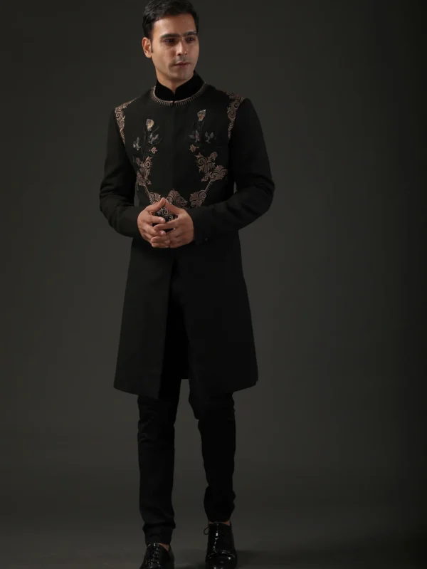 Elegant Men's Black Matka Silk Sherwani with Zari Embroidery