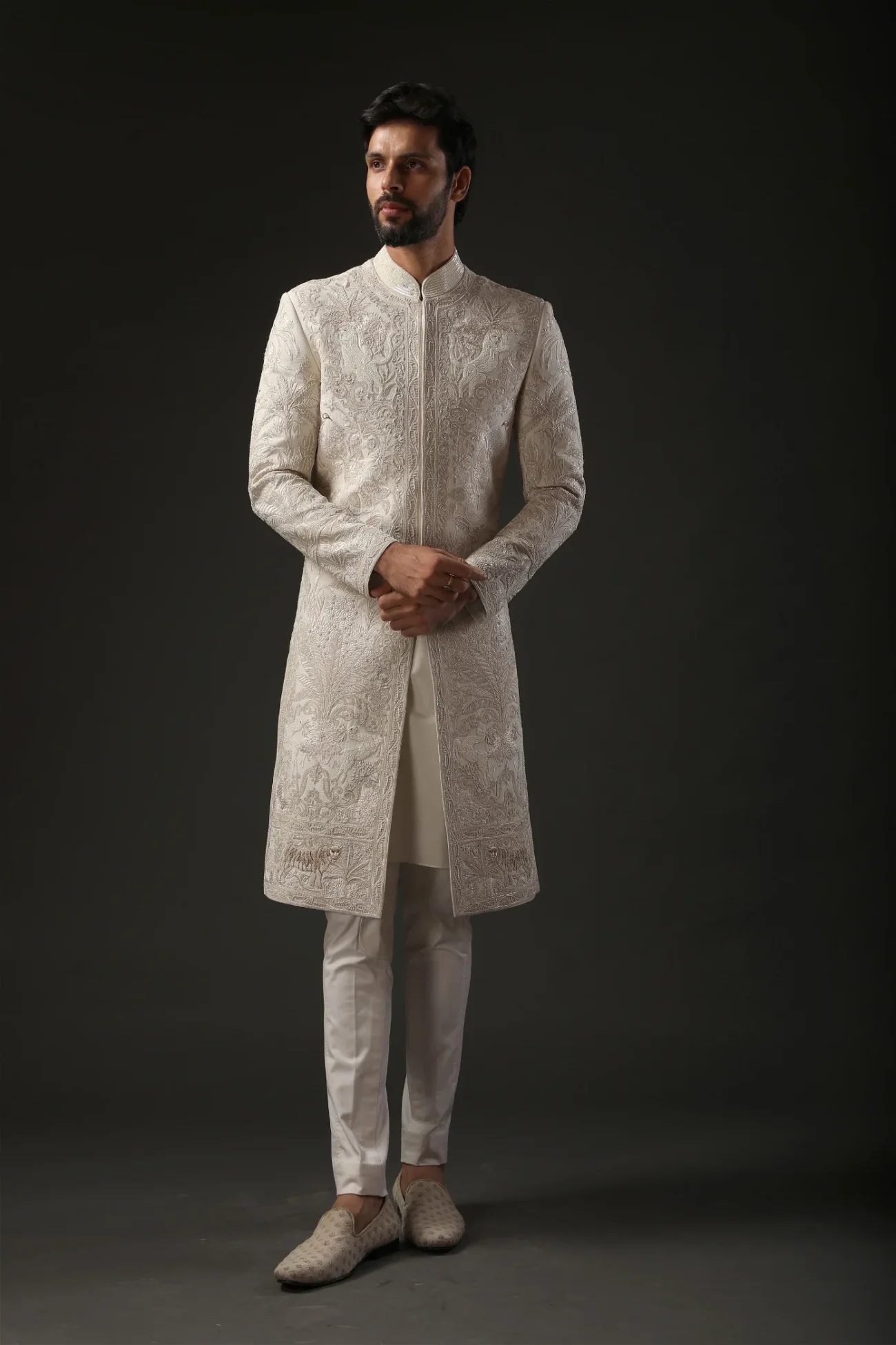 Men's Embroidered Sherwani in Matka Silk