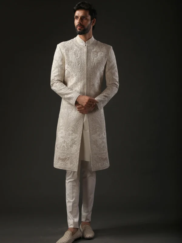 Men's Embroidered Sherwani in Matka Silk