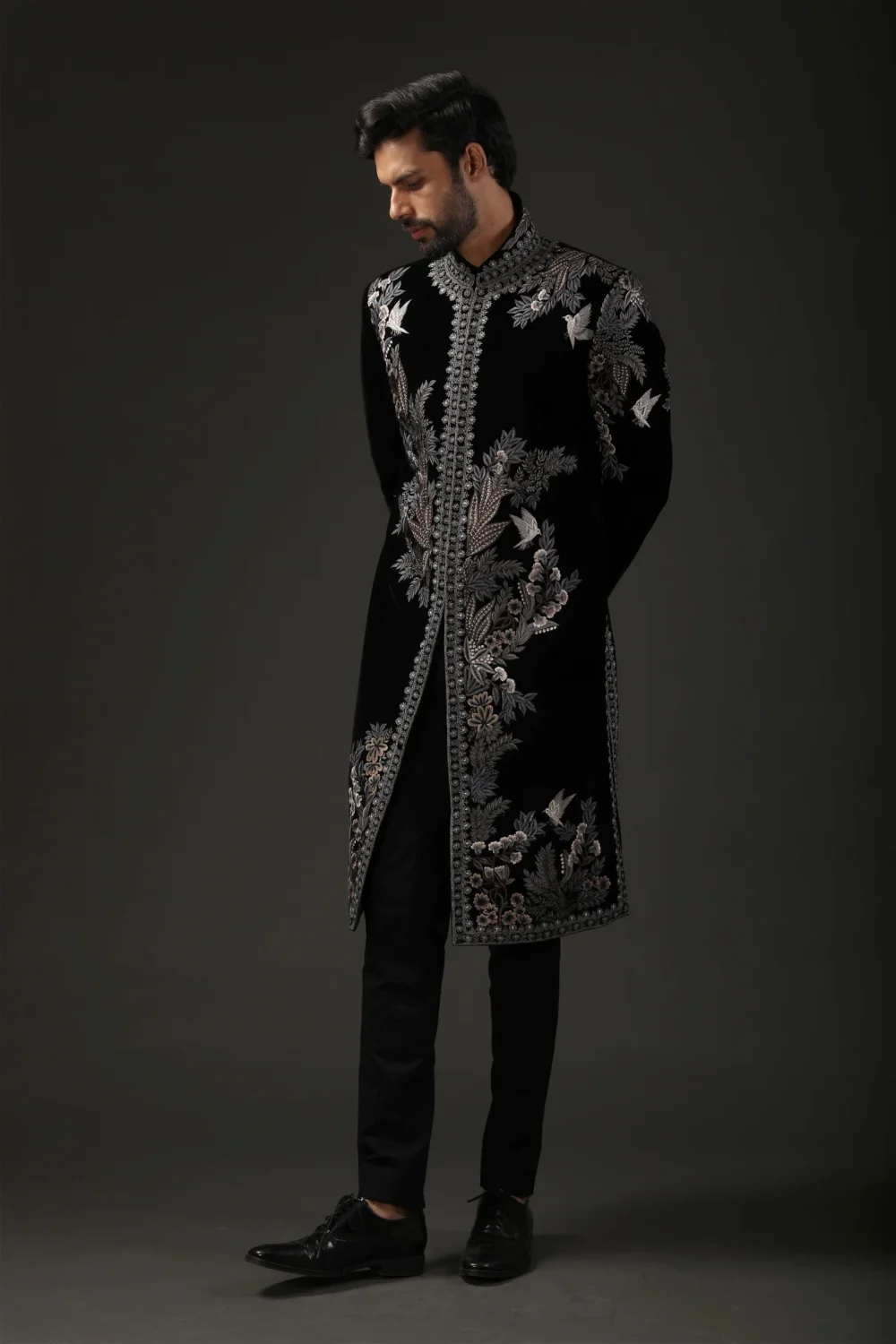 Men's Embroidered Black Silk Velvet Sherwani