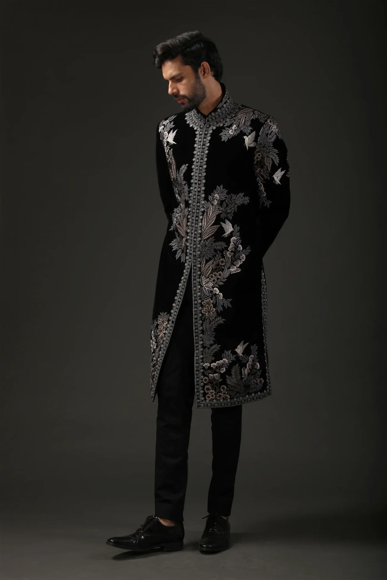 Men's Embroidered Black Silk Velvet Sherwani