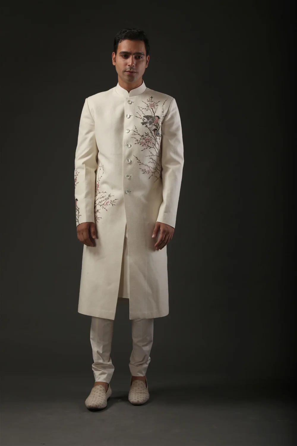 Ivory Matka Silk Sherwani with Zari Resham Embroidery