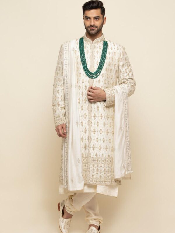 Pearl White Silk Sherwani with Traditional Embellishments