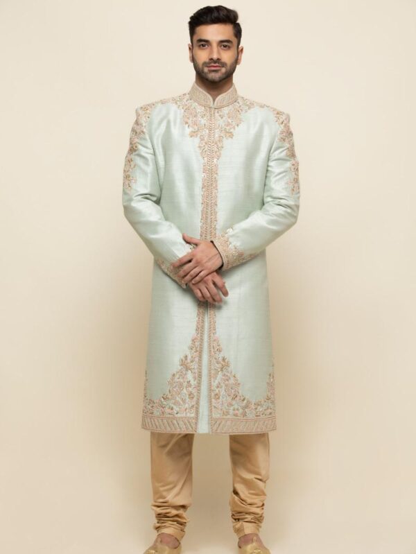 Mint Raw Silk Sherwani with Traditional Embellishments