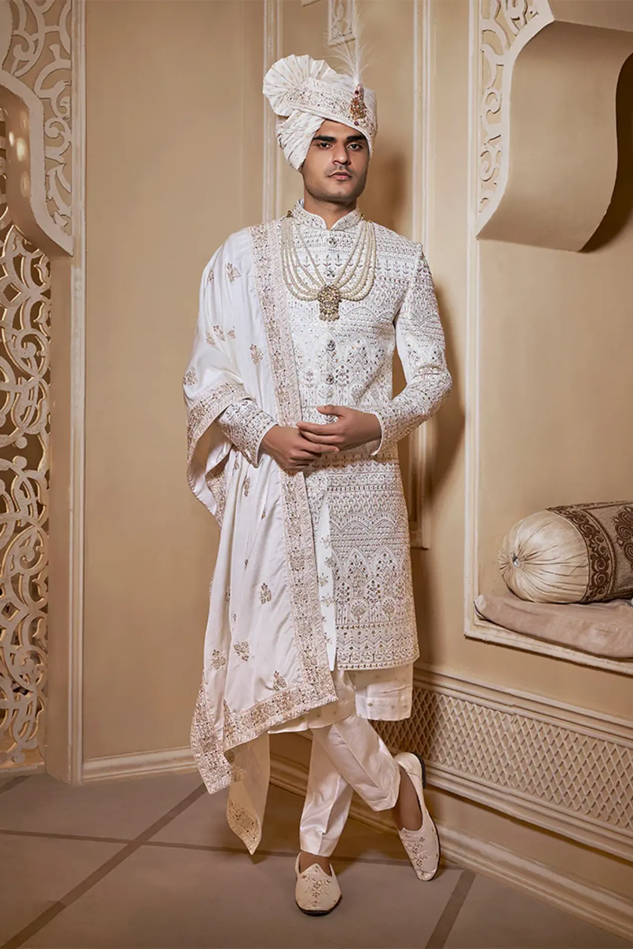 Ivory Sherwani Set with kasab work