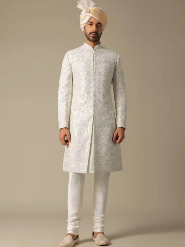 Elegance White Silk Sherwani Set