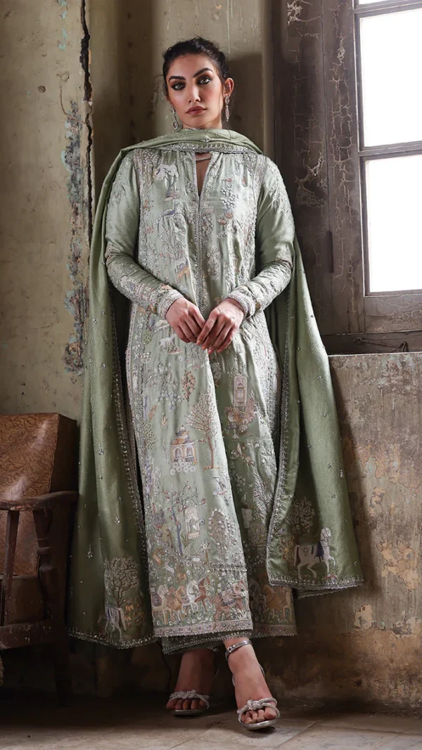 Pure Raw Silk Jamawar Mint Green Shirt