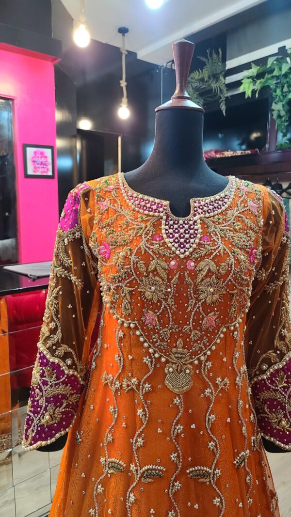 Hand Embroidered Orange Net Maxi Dress