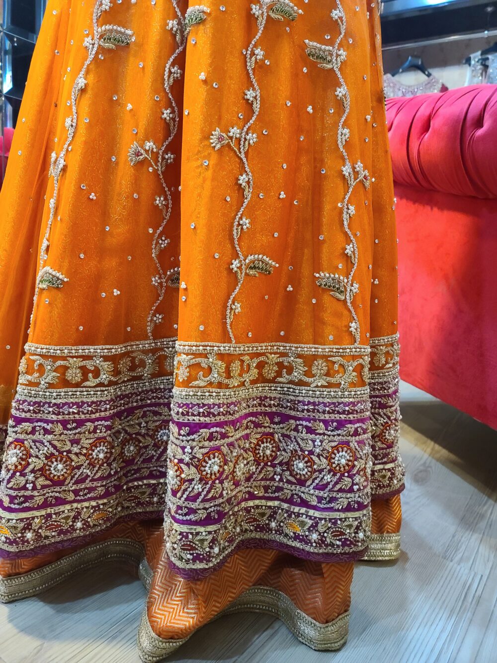 Hand Embroidered Orange Net Maxi Dress