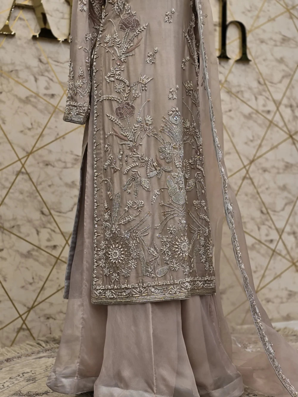 Dusty Pink Long Shirt with Pure Crinkle Chiffon Sharara