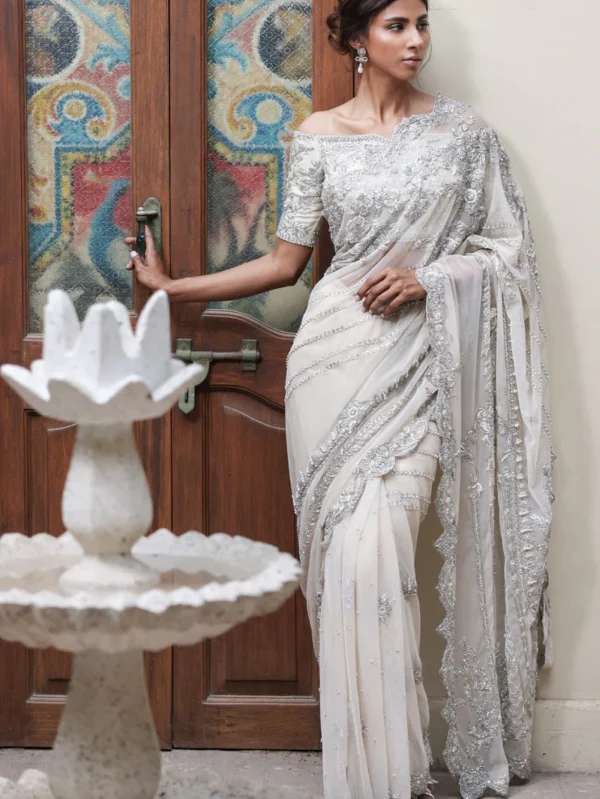 Luxury Ivory Saree with Silver Zardozi