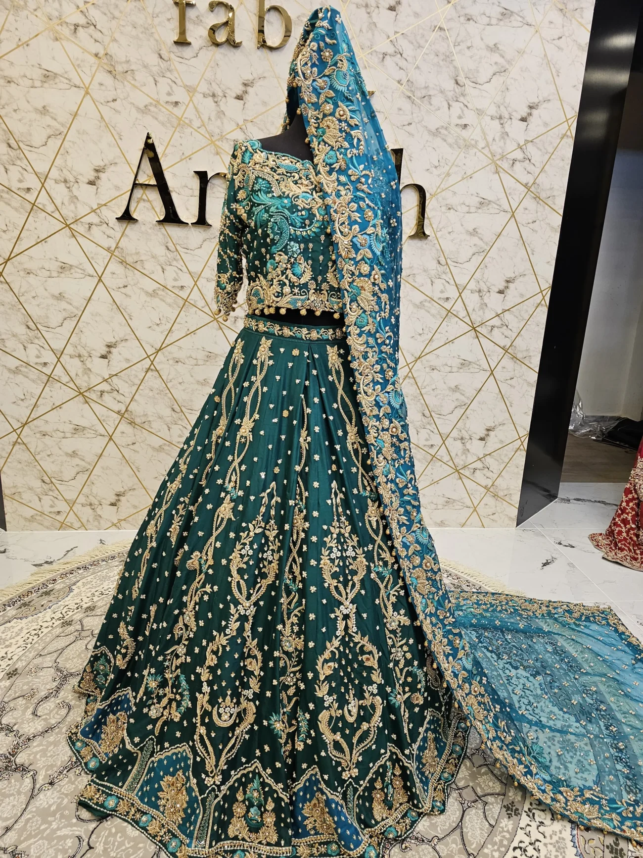 Green Bridal Lehnga with Gold Zardozi Work