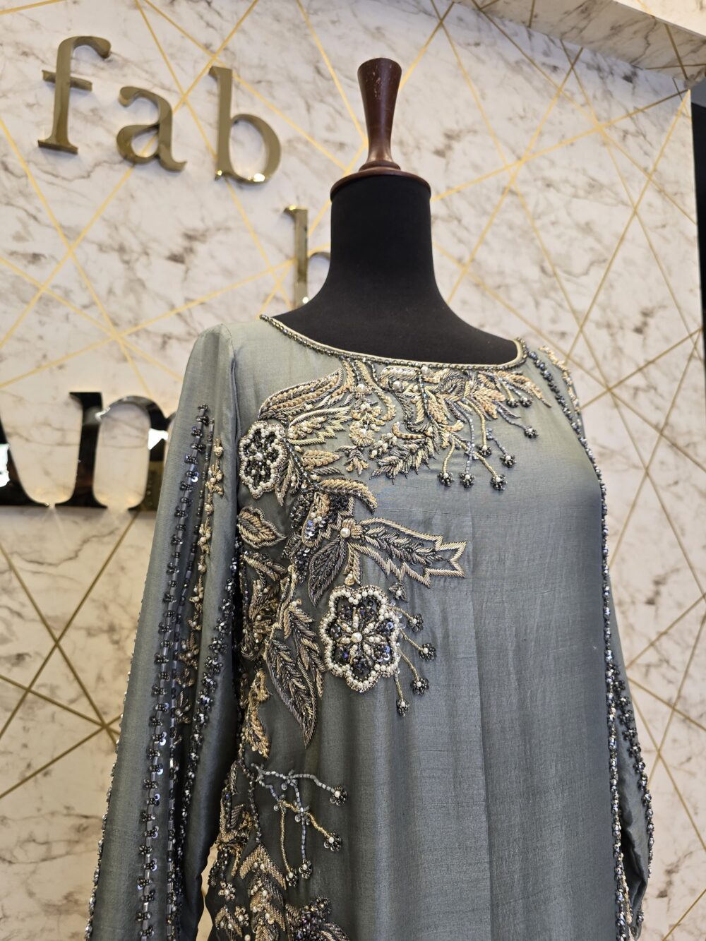 Grey Hand Embroidered Pakistani Party Wear Shirt