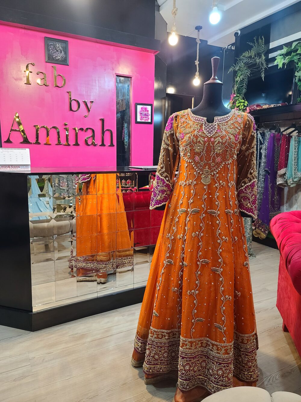 Hand Embroidered Orange Net Maxi Dress