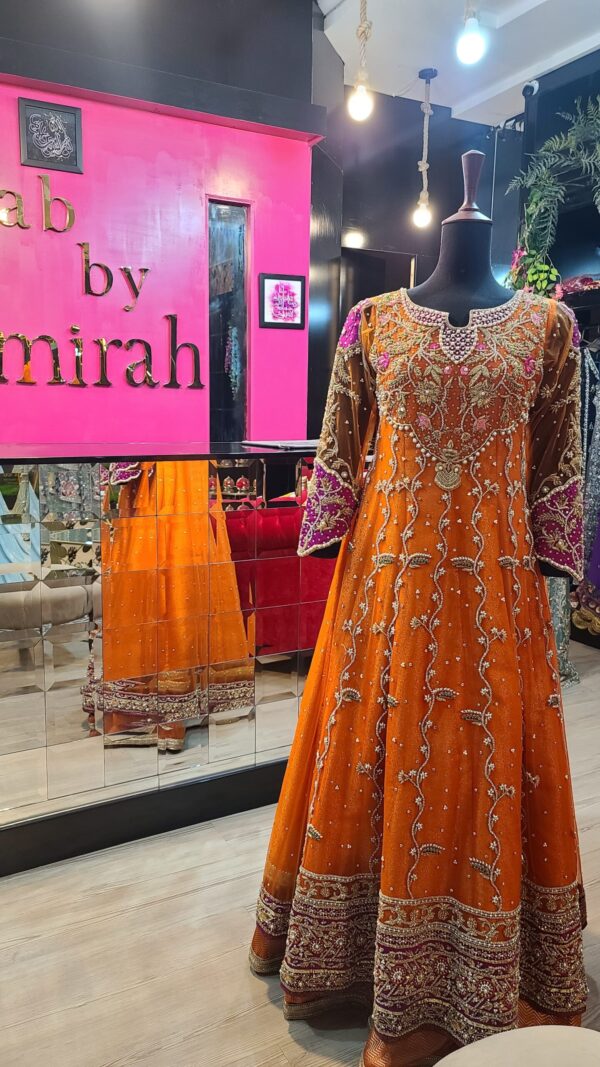 Hand Embroidered Orange Net Maxi Dress
