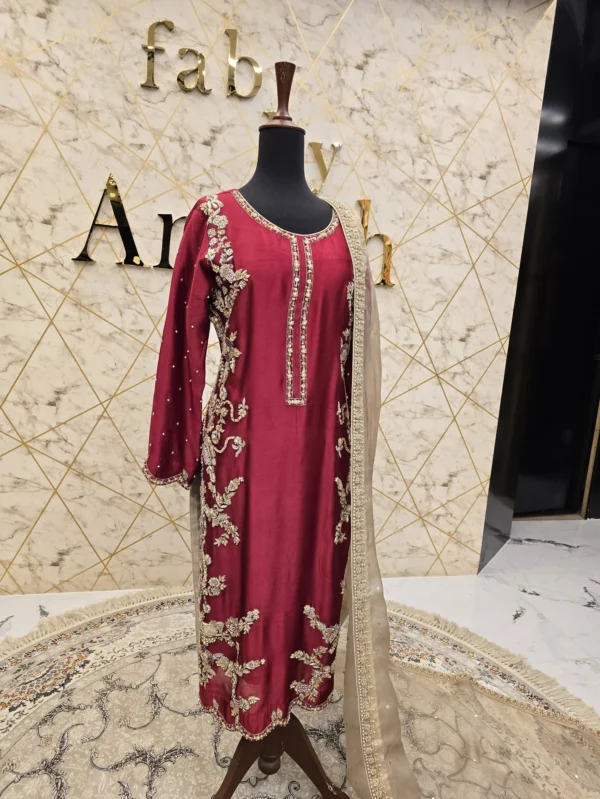 Hand-Embroidered Reddish Mehroon Party Wear Dress