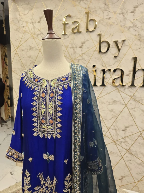 Blue Pure Raw Silk Shirt with Crinkle Chiffon Dupatta