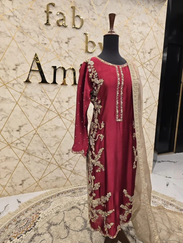 Hand-Embroidered Reddish Mehroon Party Wear Dress