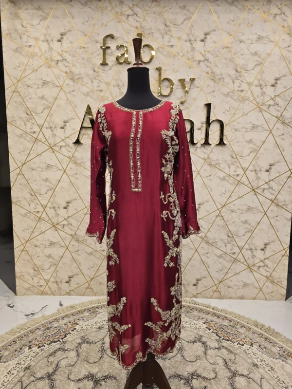 Hand-Embroidered Reddish Mehroon Party Wear Dress